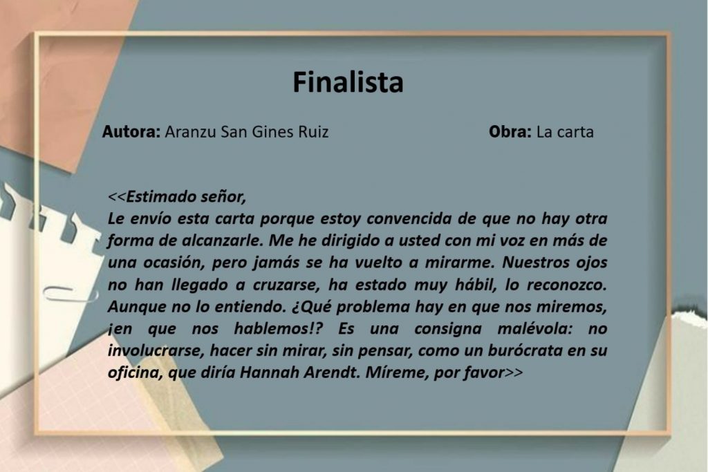 Finalista relato breve: "La Carta" de Aranzu San Ginés Ruíz